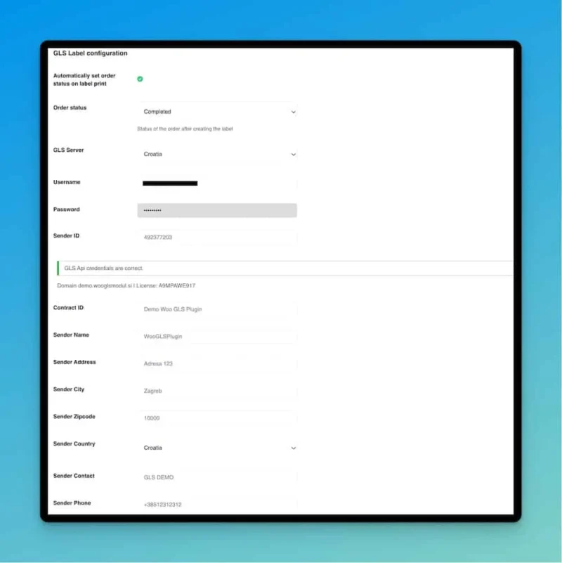 Wordpress GLS plugin postavke